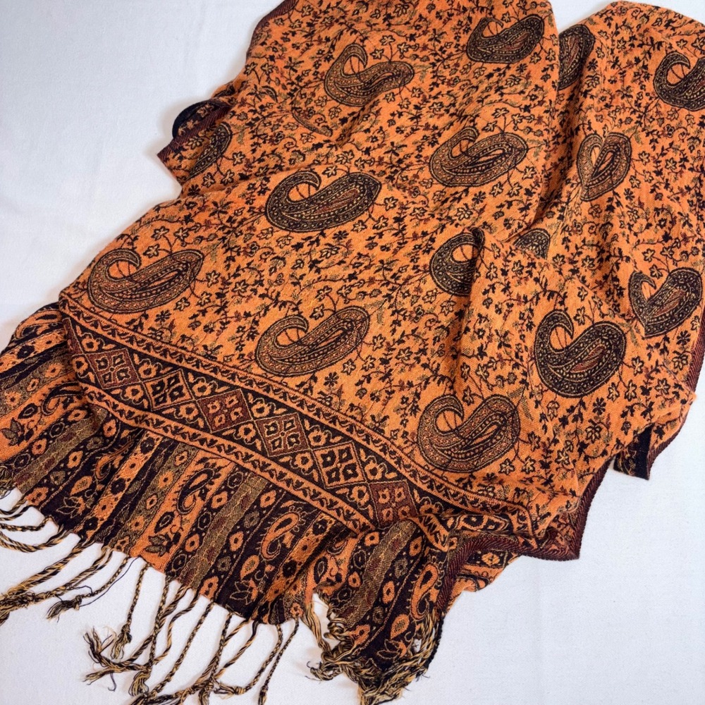 Paisley Pashmina Wrap Scarf 26 x 72 inch Orange Black Good Boho Fringed Shawl